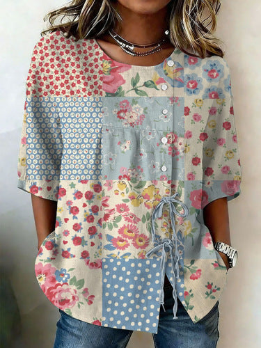 Color matching loose blouse five-button drawstring m302924