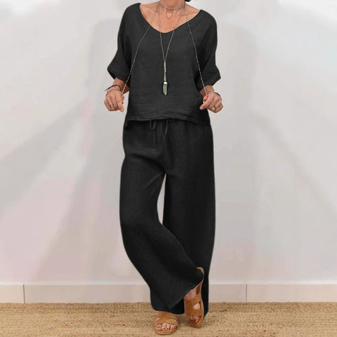 Casual V-neck pullover five-quarter sleeves plus trousers multi-colored women's two-piece set m301430