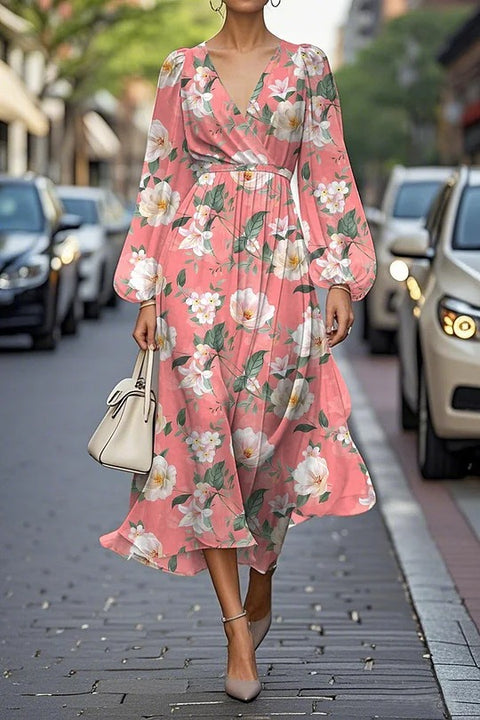 Floral series pattern 3D printing series casual women's V long dress m302129