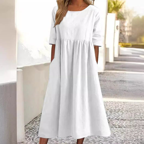 New cotton and linen casual short-sleeved pocket pleated loose round neck dress m300890