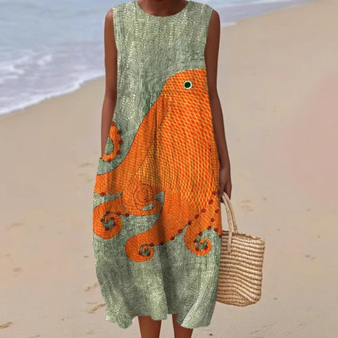 New sleeveless casual printing temperament long dress dress slim fit small fresh casual dress m301521