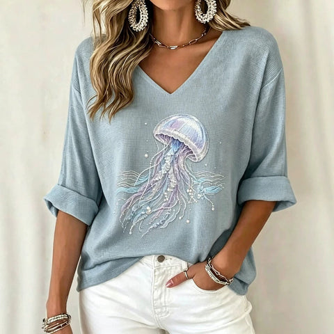 Pull col V manches longues imprimé femme m303200