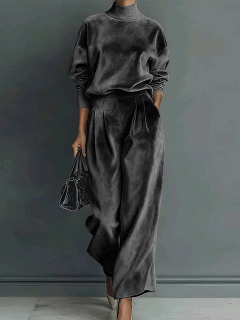Casual two-piece suit golden velvet long-sleeved solid color high-necked wide-leg pants m302327