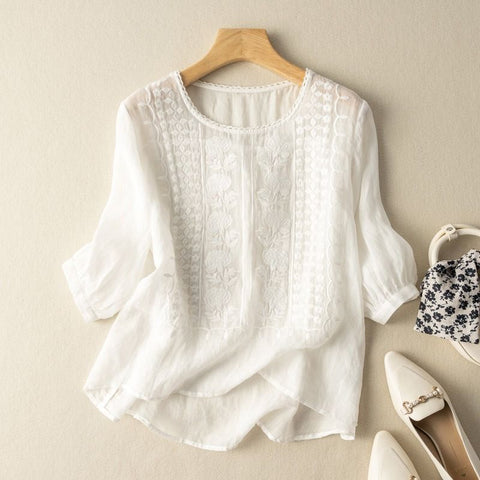 Summer thin embroidered top retro breathable cotton and linen short-sleeved t-shirt m302790