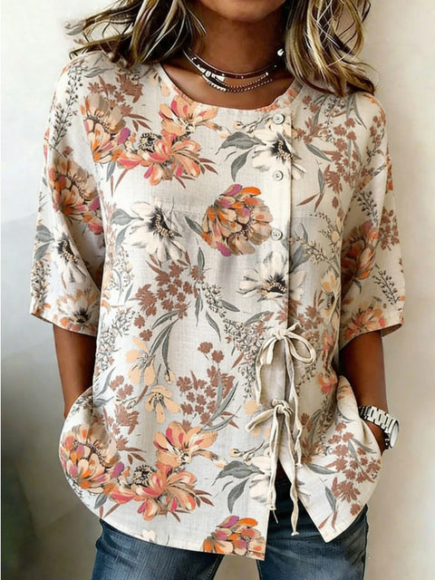 Color matching loose blouse five-button drawstring m302924
