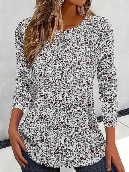 3D printed women's casual flower crew neck long-sleeved t-shirt top m301719