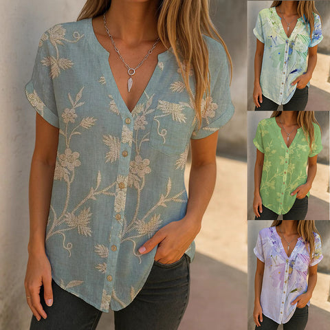 Casual short-sleeved V-neck cardigan digital printed shirt m303108