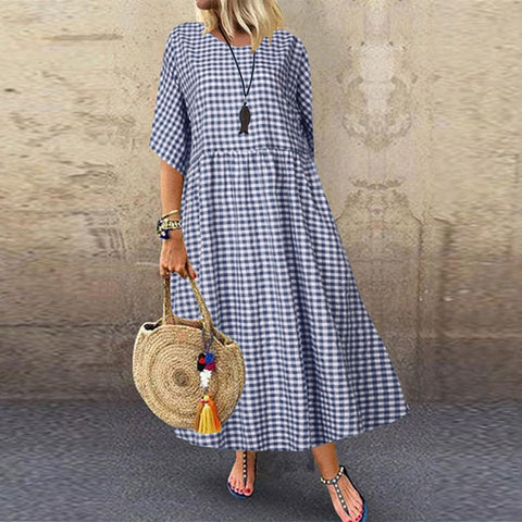 Spring plaid plaid literary temperament short-sleeved round neck pendulum dress m303191