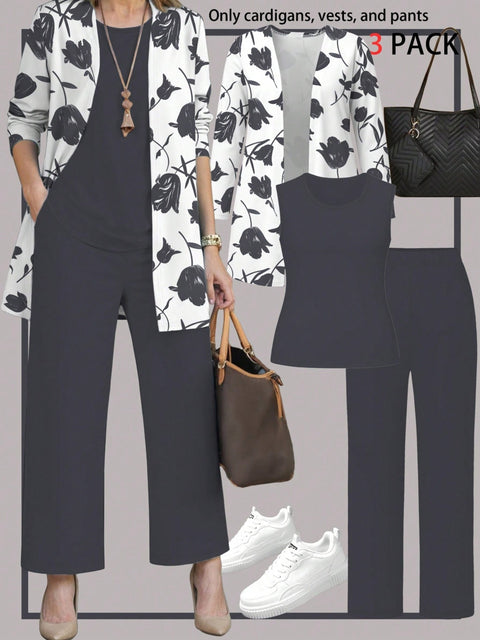 Pink three-piece casual suit women's cardigan wide-leg pants m302761