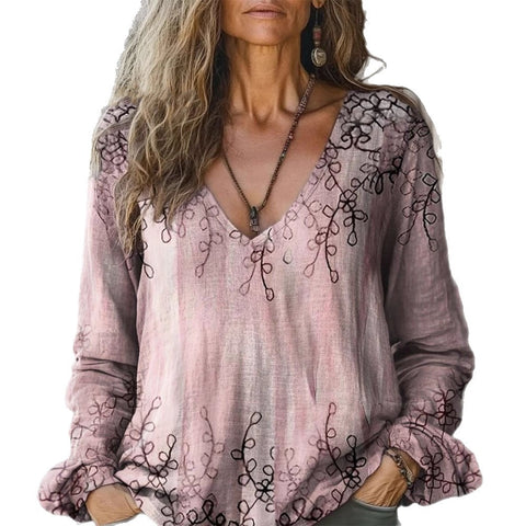 Casual V-Neck Long Sleeve Pullover Digital Printing Women's Upper T-Shirt m303120