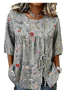 Temperament women's long-sleeved shirt printed top lace-up shirt m302925
