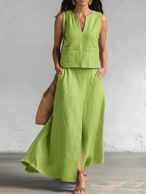 Sleeveless solid cotton and linen V-neck sleeveless top casual cross-body pocket skirt set m302507