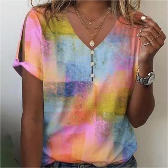 3D printed V-neck button-up T-shirt top daily short-sleeved m301263