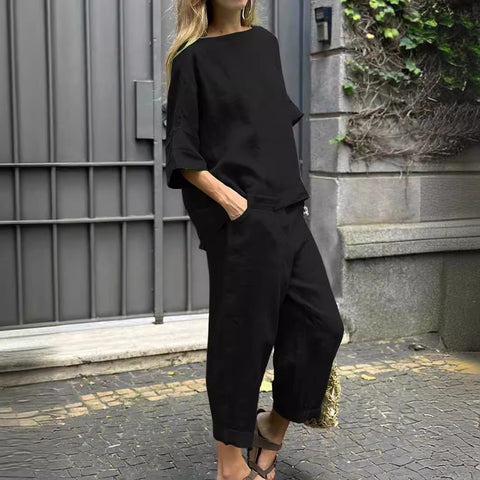 Women's 2-Piece Plus Size Cotton Linen Shirt Set High-Waisted Loose Pants M302296