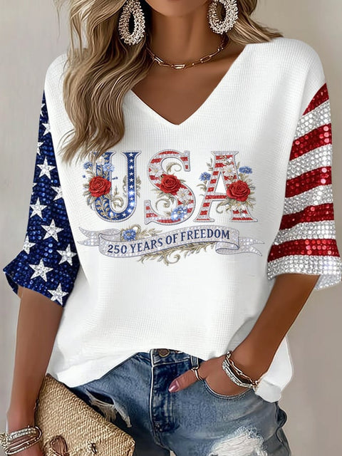 Down shoulder V-neck seven-quarter sleeve 3D printed women's top T-shirt m302844