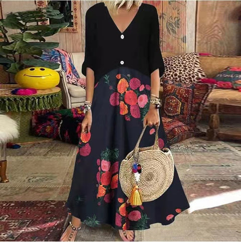 V-neck Short Sleeve Printed Long Dress Button Casual Skirt M300187