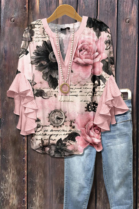 Creative floral element printing digital printing casual trend V-neck lotus edge T-shirt m301352