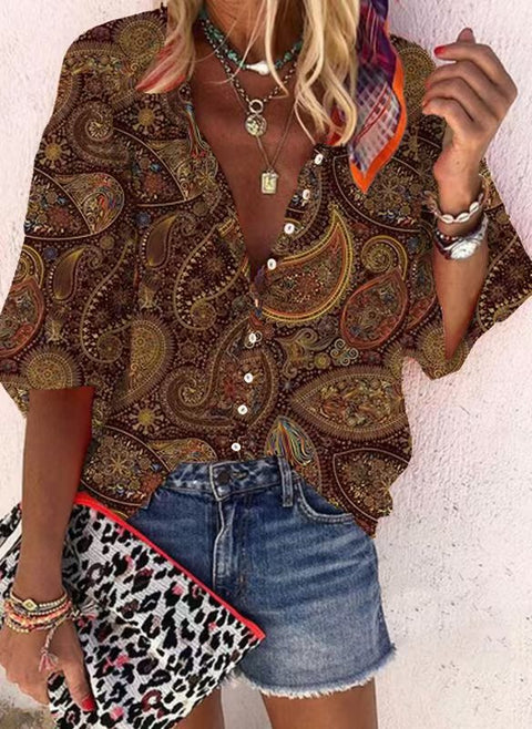 Fashion summer European and American women's clothing stand-up collar loose button retro printed casual shirt m301723