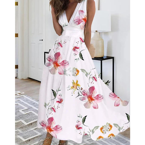 Women's new V-neck with lining high waist sleeveless printed sexy vest dress m301267
