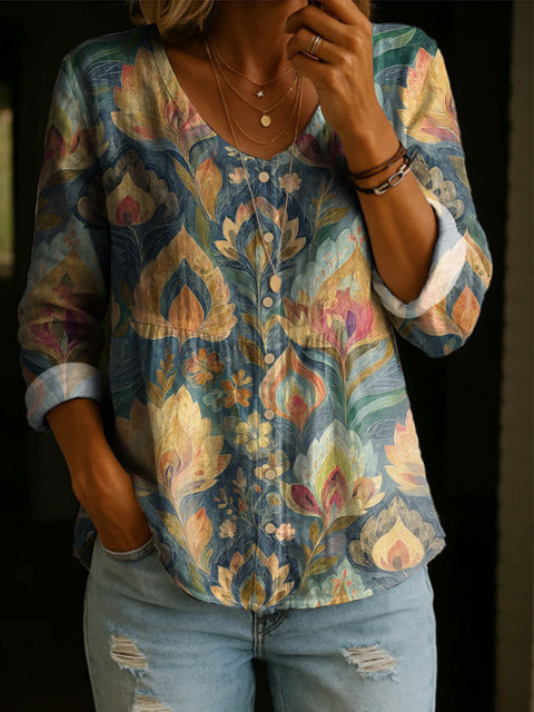 Crew Neck Women's Floral 3D Printed Henley Shirt m303180