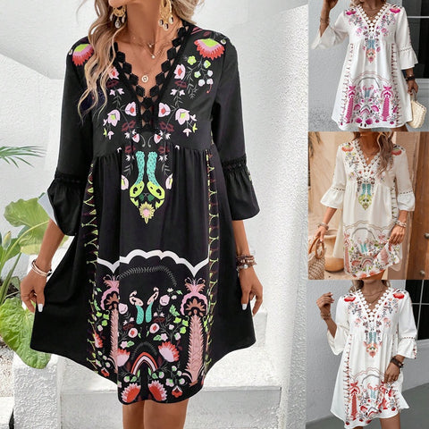 New V-neck lace splicing casual versatile print dress m300993