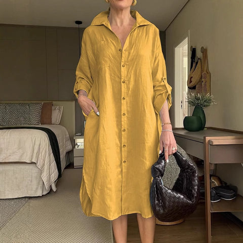 Women's dress cotton and linen shirt long dress fashion casual long sleeve cardigan dress m301932