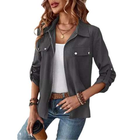 lapel zipper cardigan purse hat solid color long sleeve jacket m300675