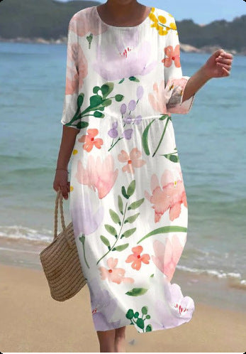 Loose crew neck fashion high-end long-sleeved printed dress m301053