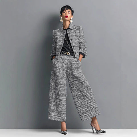 Lapel slim-fitting women's clothing European and American style long-sleeved short jacket with wide leg pants set m302505
