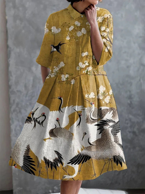 Robe chemise courte en chanvre élastique, motif floral japonais, style vacances, jupe pendule m303187