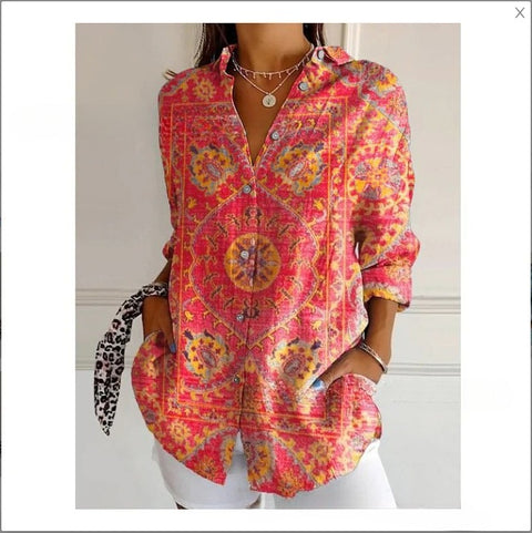 3D digital printing abstract pattern women's long-sleeved buckle linen shirt m302749-01