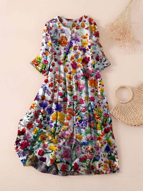 Women's loose crew neck fashion high-end long-sleeved printed dress m301049