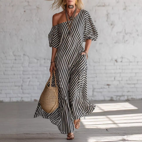 Summer new printing elegant classic striped off-the-shoulder dress m302357