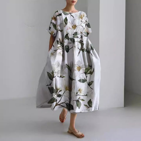 Women's loose crew neck fashion high-end short-sleeved printed dress m301052