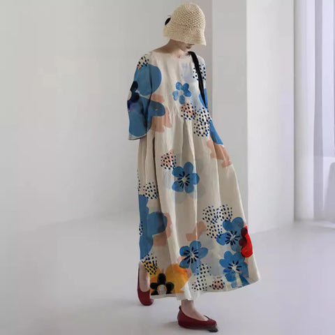 Loose crew neck fashion high-end long-sleeved printed dress m301054