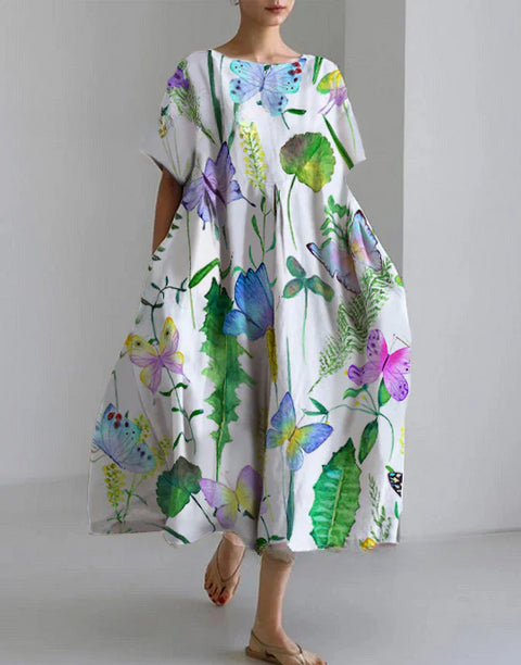 Women's loose crew neck fashion high-end short-sleeved printed dress m301052