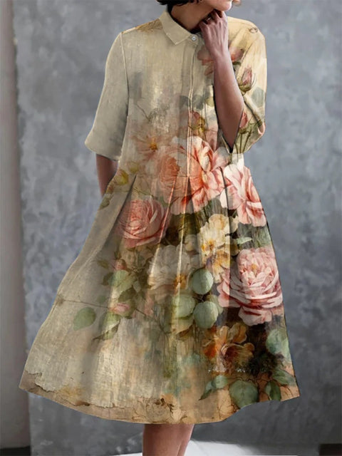 Robe chemise courte en chanvre élastique, motif floral japonais, style vacances, jupe pendule m303187