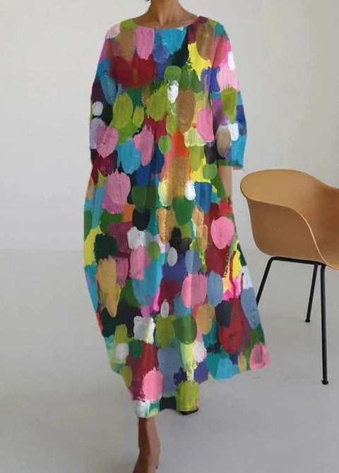 Women's loose crew neck fashion high-end long-sleeved printed dress m301049