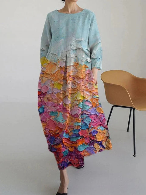 Women's loose crew neck fashion high-end long-sleeved printed dress m301049