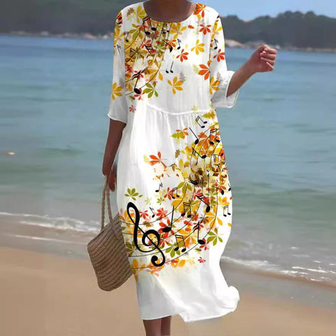 Loose crew neck fashion high-end long-sleeved printed dress m301053
