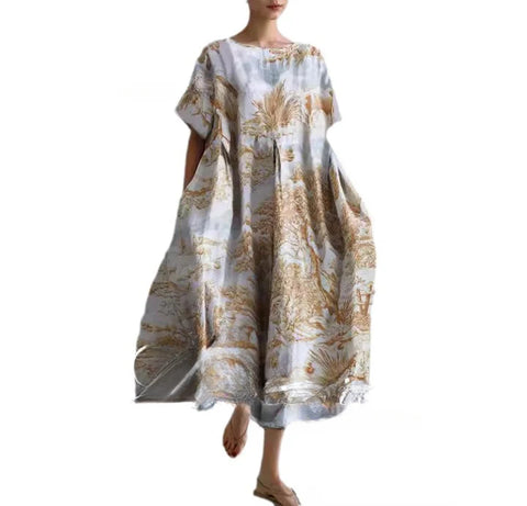 Women's loose crew neck fashion high-end short-sleeved printed dress m301052