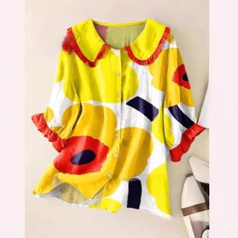 Linglong hemp 3D digital printing abstract, women's long-sleeved buckle lapel shirt m303181
