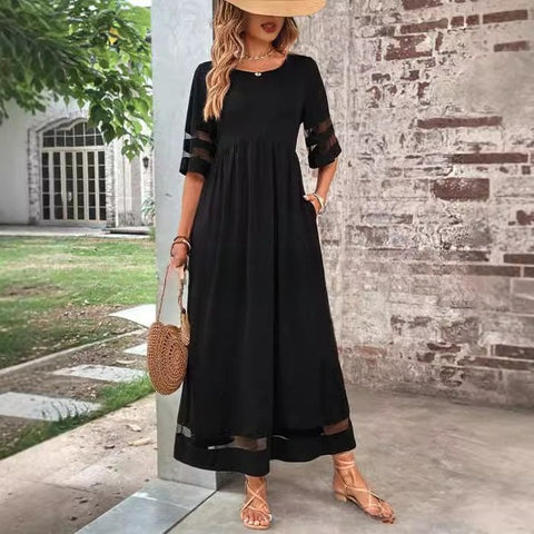 Large size women's five-quarter sleeve mesh crew neck splicing pocket dress m302052