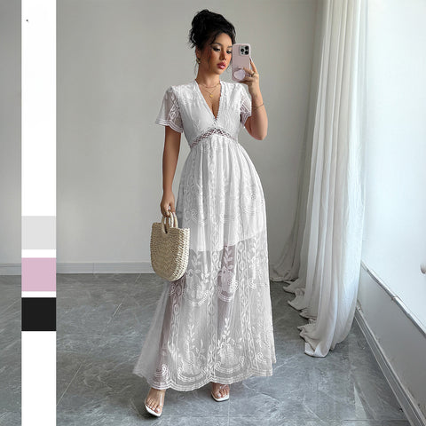 Elegant lace cutout short-sleeved long dress dress m301392