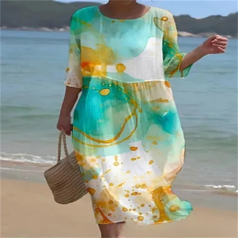 Loose crew neck fashion high-end long-sleeved printed dress m301053