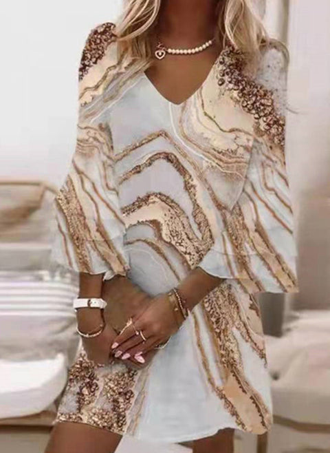 Color Block V Neckline 3/4 Sleeves Above Knee A line Dress m161504956 (5825647)