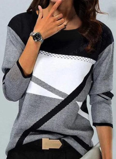 Color Block Round Neckline Long Sleeve Blouses m161511661 (5828973)