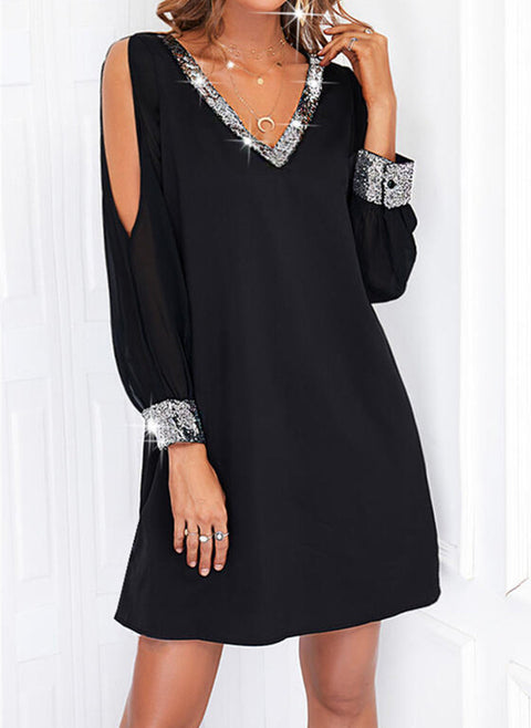 Color Block V Neckline Long Sleeve Above Knee O Dress m161514180 (5830238)