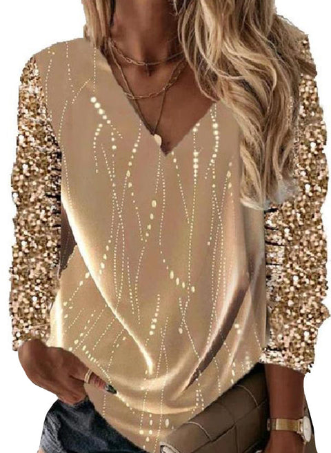 Color Block V Neckline Long Sleeve Blouses m161514847 (5830548)