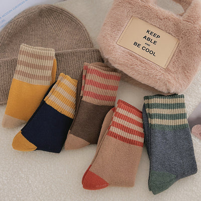 Thickened striped socks for children's mid length socks Instagram trendy pure cotton autumn and winter plush insulation Japanese vintage looped long socks m1915010441